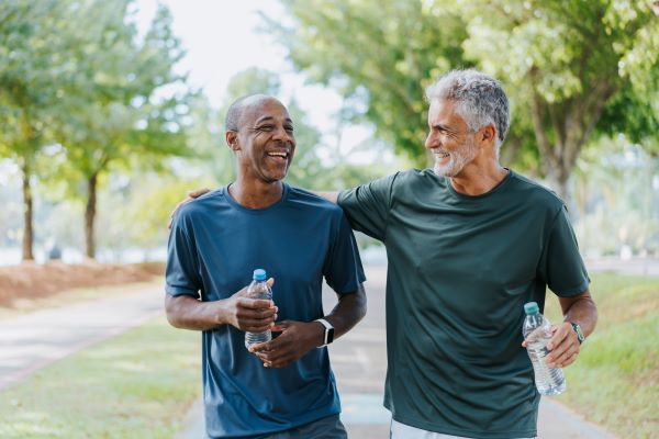 Two men walking outdoors